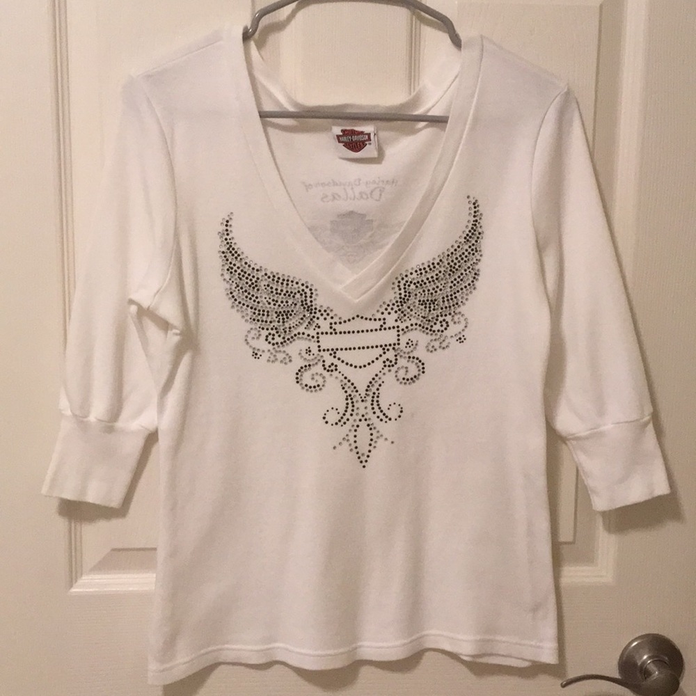 Harley Davidson Embellished Bling Dallas Biker's Motorcycle V-Neck T Shirt Top